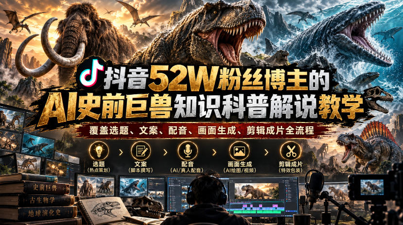抖音52W粉丝博主的AI史前巨兽知识科普解说教学，覆盖选题、文案、配音、画面生成、剪辑成片全流程-翌晨科技网