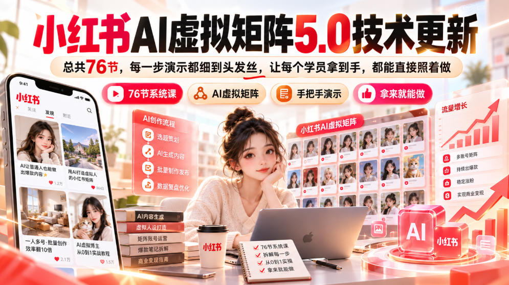 小红书AI虚拟矩阵5.0技术更新，总共76节，每一步演示都细到头发丝，让每个学员拿到手，都能直接照着做-翌晨科技网