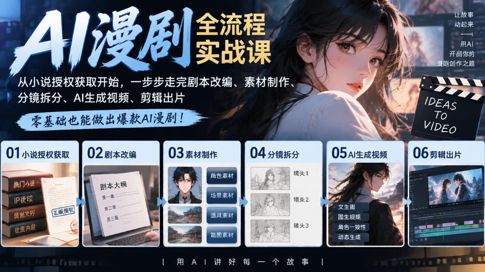 AI漫剧全流程实战课｜从小说授权获取开始，一步步走完剧本改编、素材制作、分镜拆分、AI生成视频、剪辑出片全流程-翌晨科技网