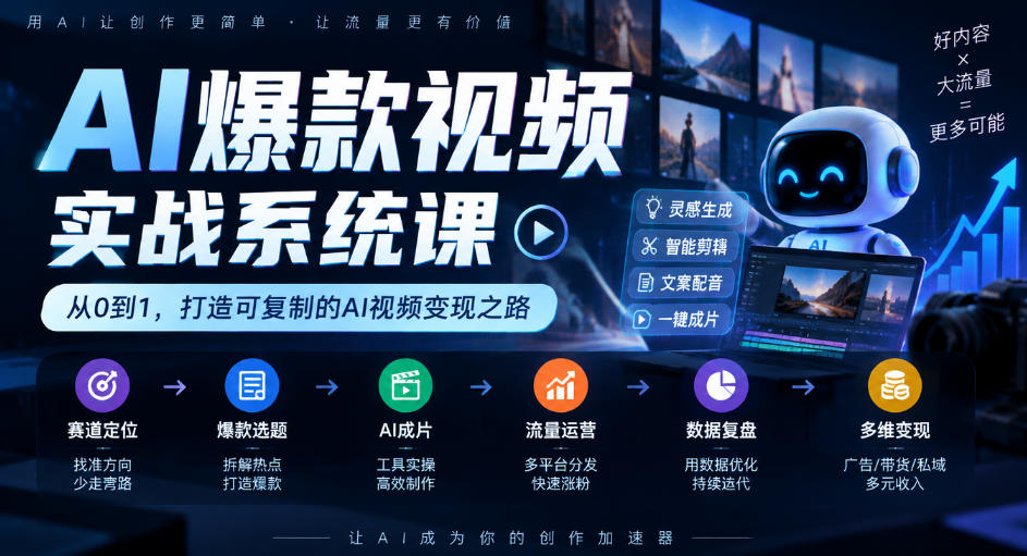 AI爆款视频实战系统课｜赛道定位、爆款选题、AI成片、流量运营、数据复盘、多维变现全链路教学-翌晨科技网