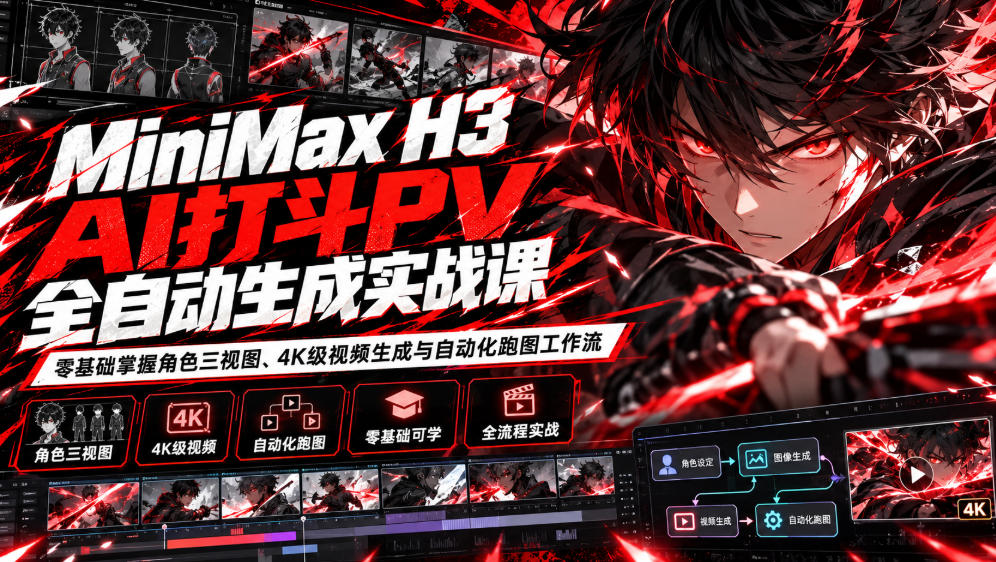 MiniMax H3 AI打斗PV全自动生成实战课：零基础掌握角色三视图、4K级视频生成与自动化跑图工作流-翌晨科技网
