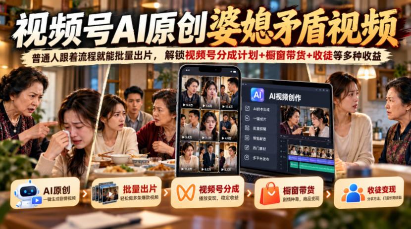 视频号ai原创婆媳矛盾视频，普通人跟着流程就能批量出片，解锁视频号分成计划+橱窗带货+收徒等多种收益-翌晨科技网