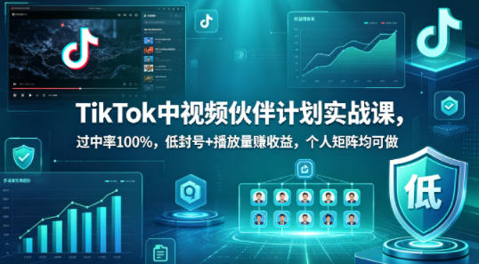 TikTok中视频伙伴计划实战课，过中率100%，低封号+播放量賺收益，个人矩阵均可做-翌晨科技网