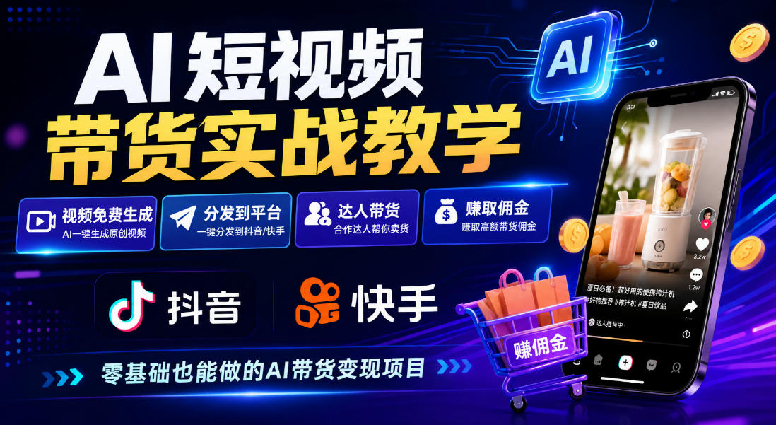 AI短视频带货实战教学，视频免费生成，分发到抖音快手平台，达人带货賺佣金-翌晨科技网