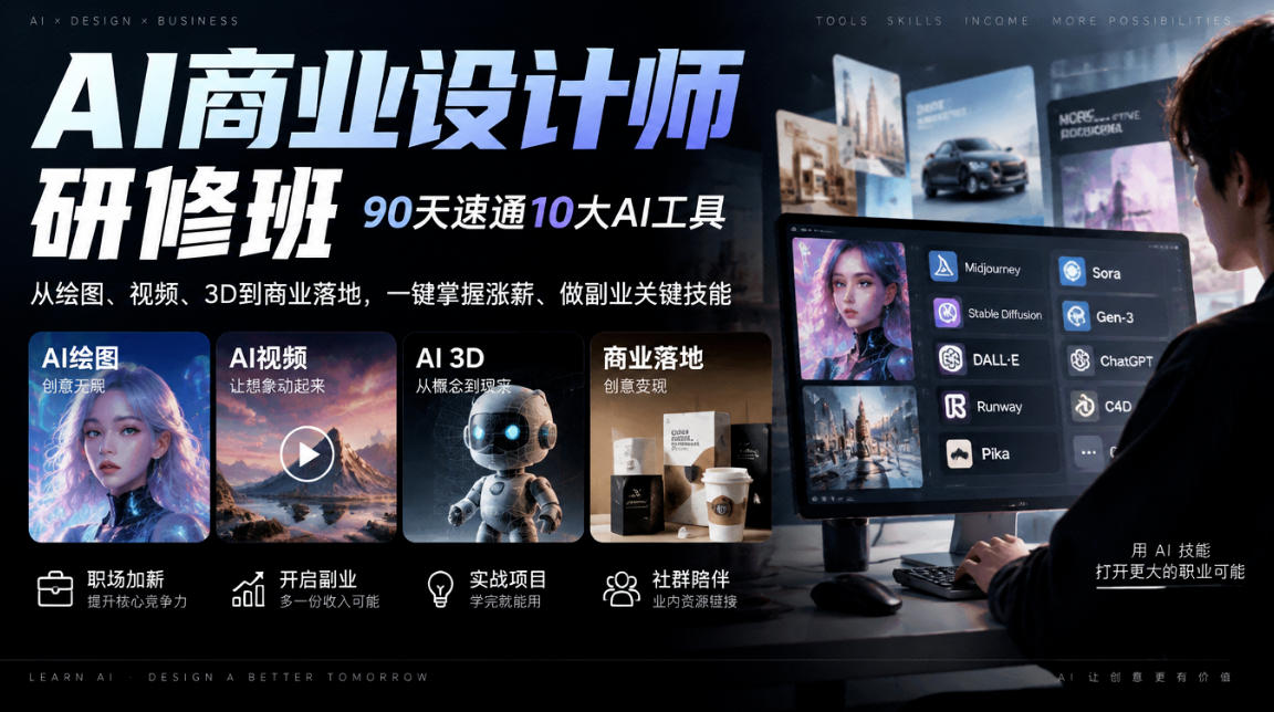 AI商业设计师研修班，90天速通10大AI工具，从绘图、视频、3D到商业落地，一键掌握涨薪、做副业关键技能-翌晨科技网