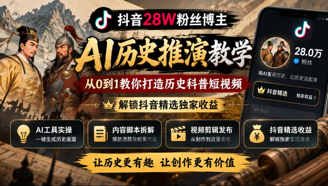 抖音28W粉丝博主的AI历史推演教学，从0到1教你打造历史科普短视频，解锁抖音精选独家收益-翌晨科技网