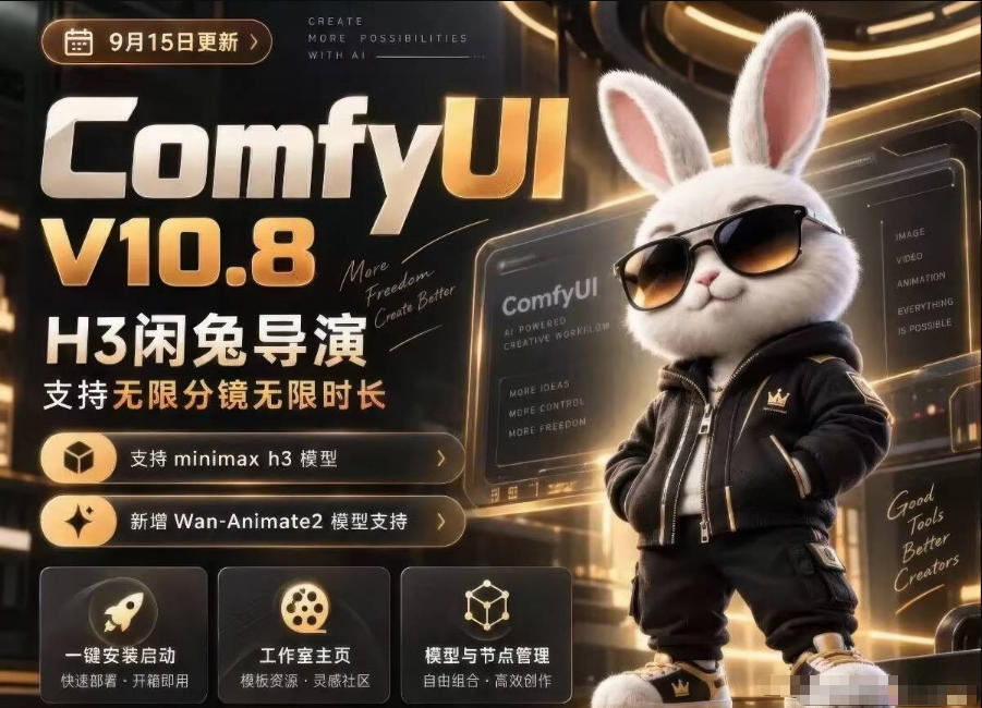 ComfyUI V10.8中文整合包，H3闲兔导演，支持无限分镜无限时长，1000+工作流，动作迁移，角色替换，视频一致性，口型同步，低显存可用-翌晨科技网