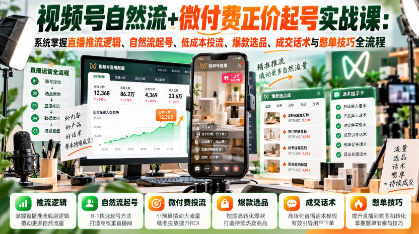 视频号自然流+微付费正价起号实战课：系统掌握直播推流逻辑、自然流起号、低成本投流、爆款选品、成交话术与憋单技巧全流程-翌晨科技网