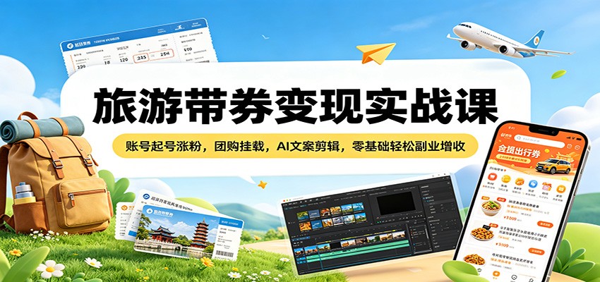 旅游带券变现实战课：账号起号涨粉，团购挂载，AI文案剪辑，零基础轻松副业增收-翌晨科技网