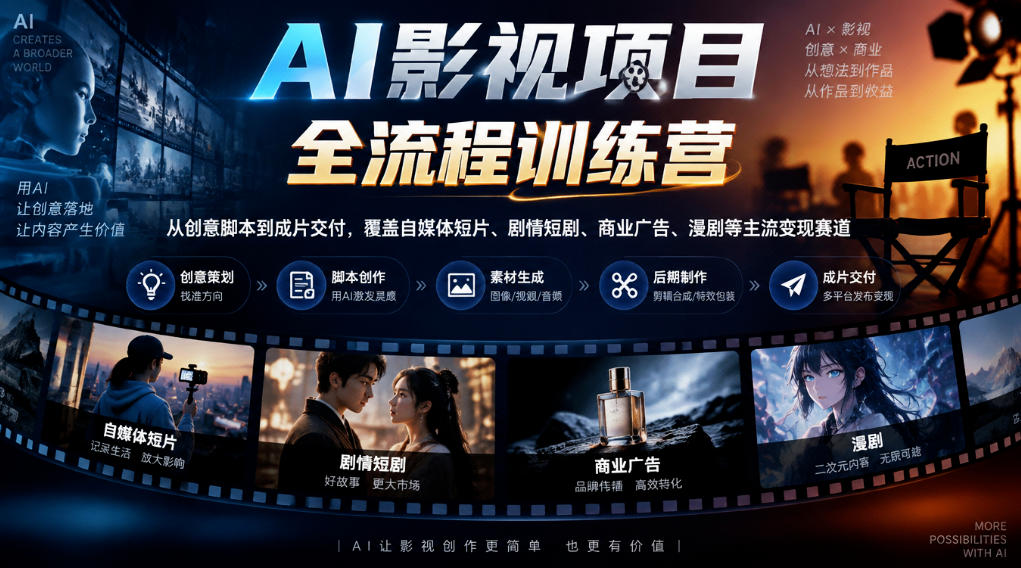 AI影视项目全流程训练营，从创意脚本到成片交付，覆盖自媒体短片、剧情短剧、商业广告、漫剧等主流变现赛道-翌晨科技网