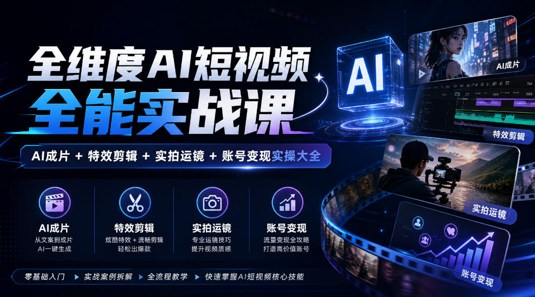 全维度AI短视频全能实战课，AI成片+特效剪辑+实拍运镜+账号变现实操大全-翌晨科技网