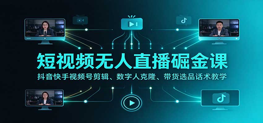 短视频无人直播掘金课:抖音快手视频号剪辑、数字人克隆、带货选品话术教学-翌晨科技网