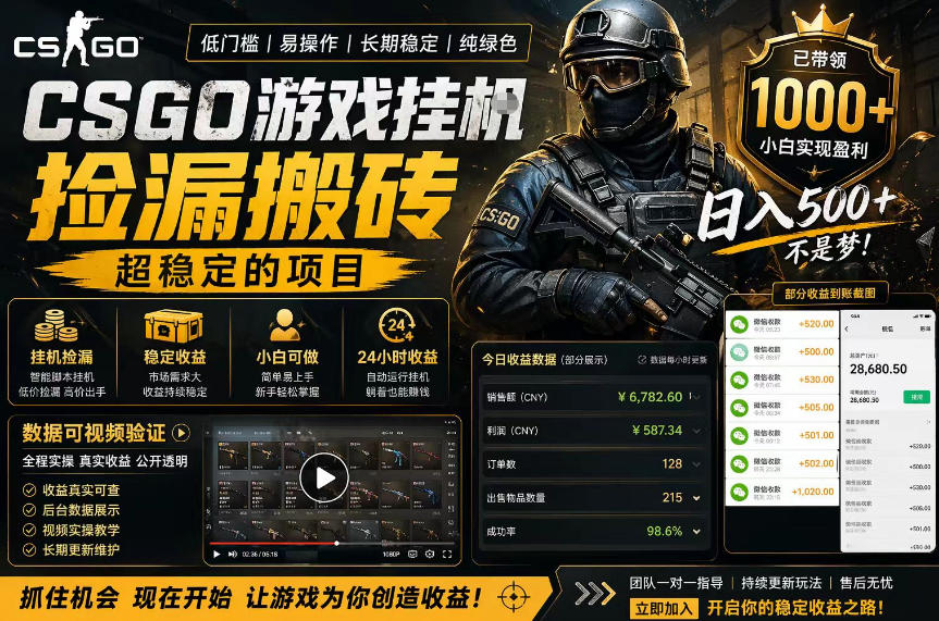 CSGO游戏搬砖，全自动挂G，不需要玩游戏，手机操作日入300+，解放双手【揭秘】-翌晨科技网
