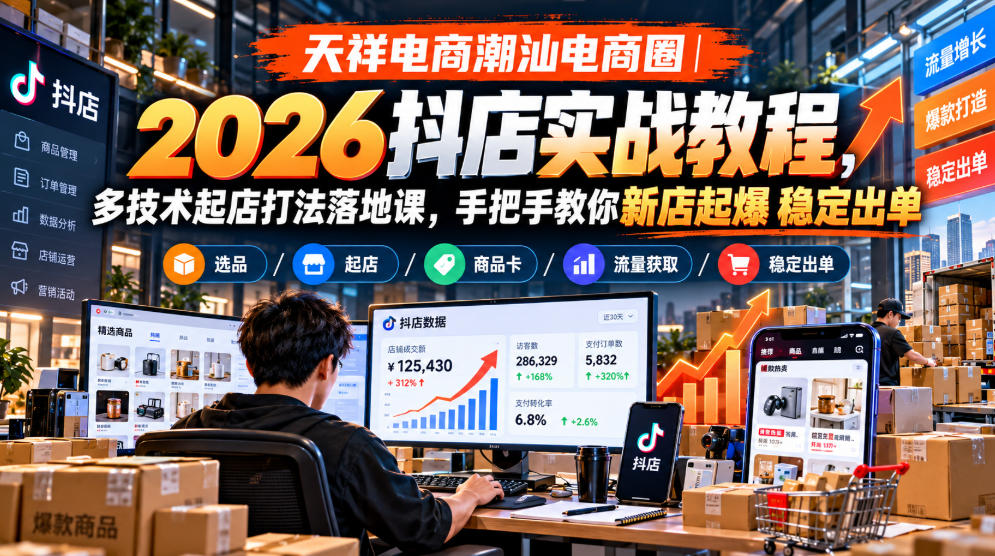 天祥电商潮汕电商圈｜2026抖店实战教程，多技术起店打法落地课，手把手教你新店起爆稳定出单-翌晨科技网