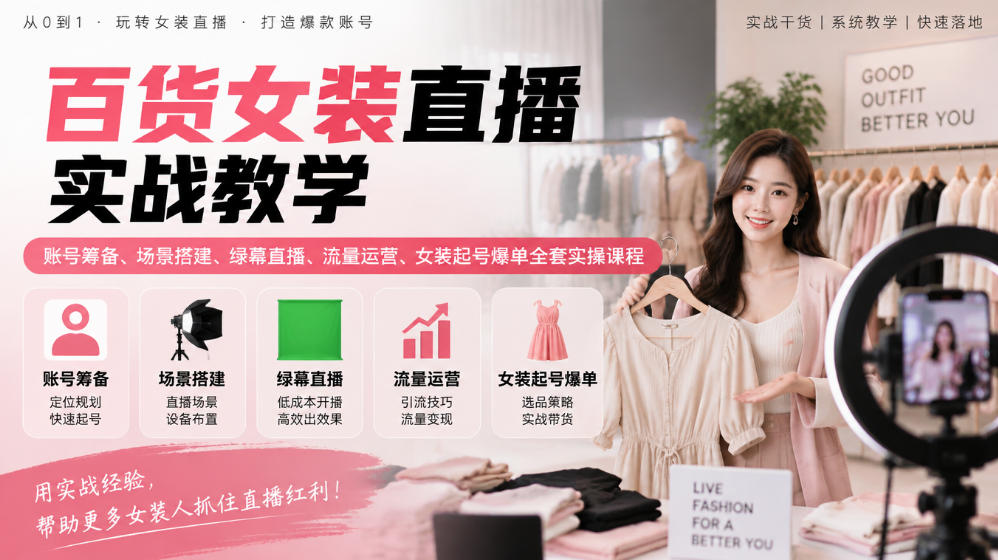 百货女装直播实战教学｜账号筹备、场景搭建、绿幕直播、流量运营、女装起号爆单全套实操课程-翌晨科技网