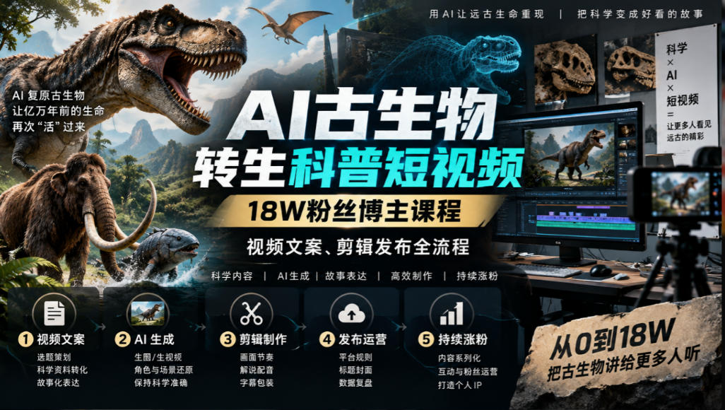 AI古生物转生科普短视频，18W粉丝博主课程，视频文案、剪辑发布全流程-翌晨科技网