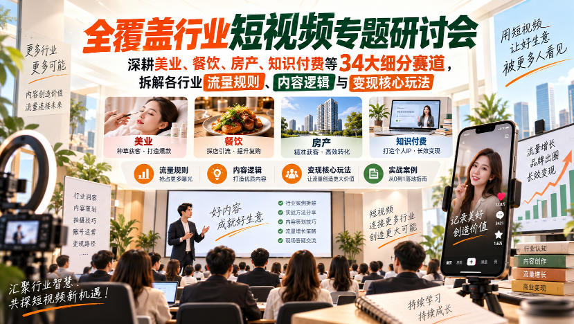 短视频专题研讨会，深耕美业、餐饮、房产、知识付费等34大细分赛道，拆解各行业流量规则、内容逻辑与变现核心玩法（更新1011）-翌晨科技网