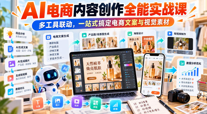 【无水印】AI电商内容创作全能实战课｜多工具联动，一站式搞定电商文案与视觉素材-翌晨科技网