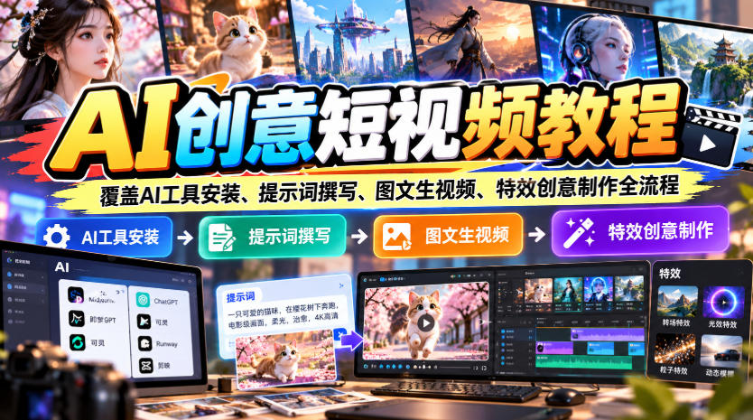 AI创意短视频教程，覆盖AI工具安装、提示词撰写、图文生视频、特效创意制作全流程-翌晨科技网