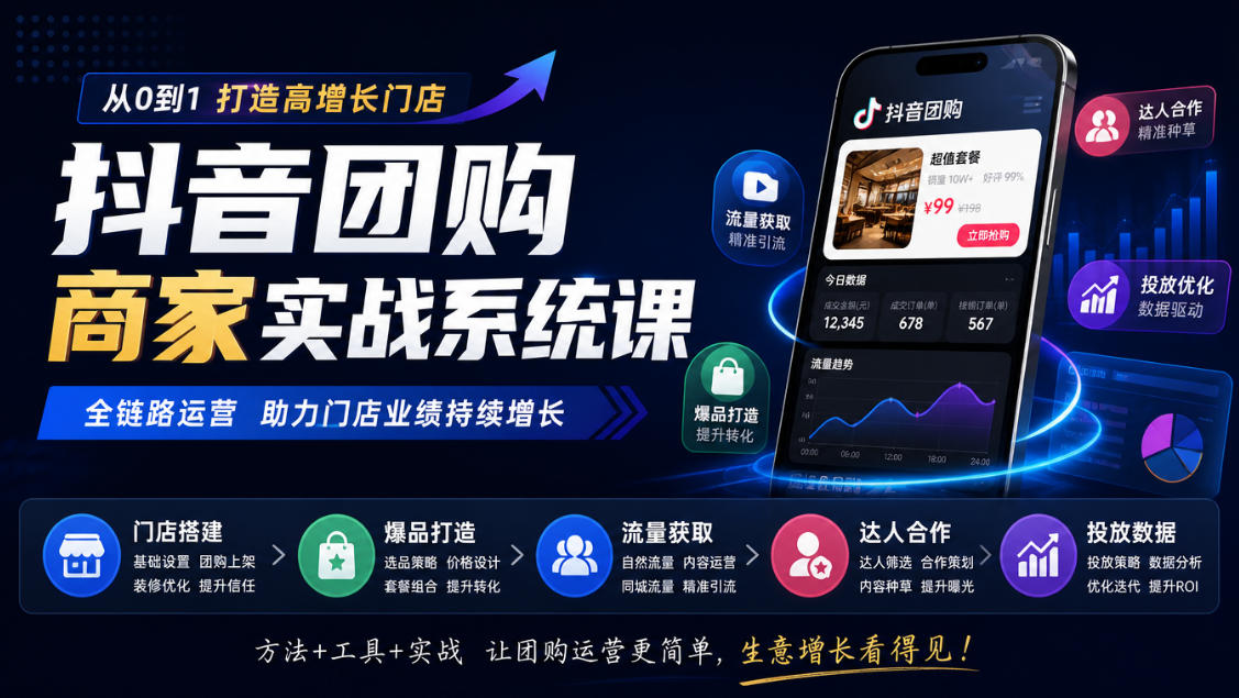 抖音团购商家实战系统课｜门店搭建、爆品打造、流量获取、达人合作、投放数据全链路运营-翌晨科技网
