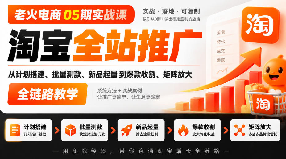 老火电商05期实战课｜淘宝全站推广从计划搭建、批量测款、新品起量到爆款收割、矩阵放大全链路教学-翌晨科技网