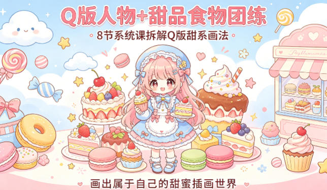 Q版人物+甜品食物团练，8节系统课拆解Q版甜系画法，画出属于自己的甜蜜插画世界-翌晨科技网