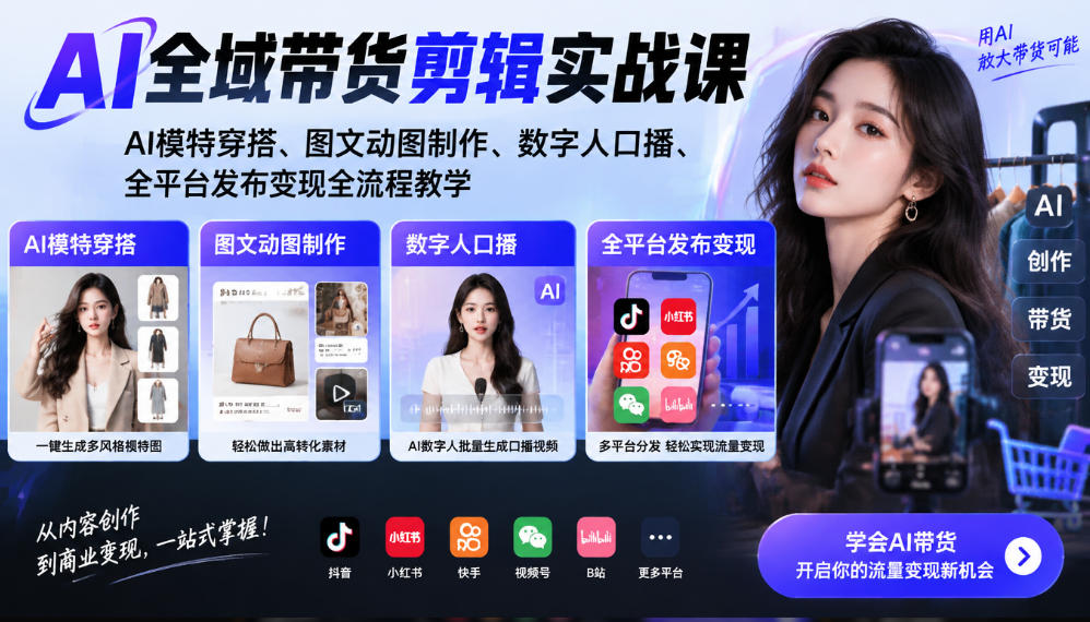 AI全域带货剪辑实战课｜AI模特穿搭、图文动图制作、数字人口播、全平台发布变现全流程教学-翌晨科技网
