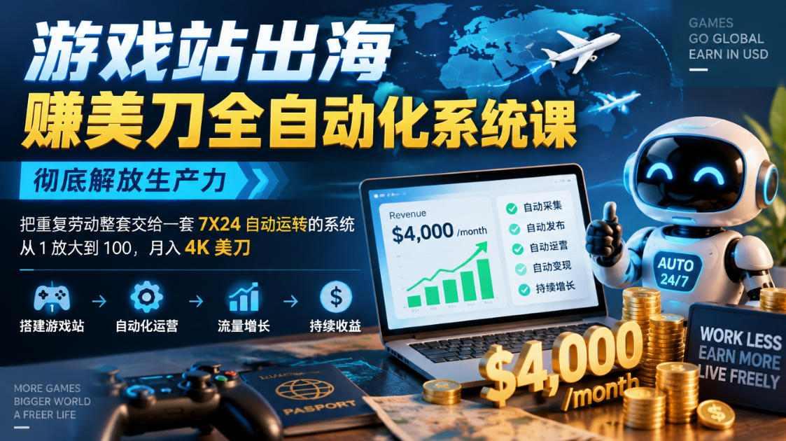 游戏站出海賺美刀全自动化系统课，彻底解放生产力–把重复劳动整套交给一套7X24自动运转的系统，从1放大到100，月入4K美刀-翌晨科技网