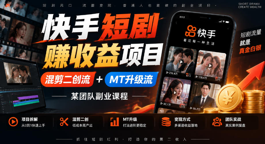 快手短剧賺收益项目，混剪二创流+MT升级流，某团队副业课程-翌晨科技网