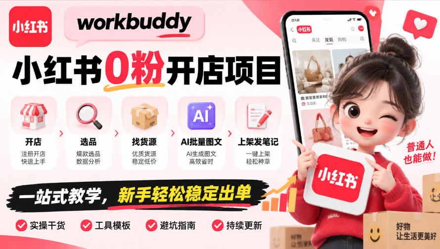 workbuddy小红书0粉开店项目，开店、选品、找货源、AI批量图文、上架发笔记一站式教学，新手轻松稳定出单-翌晨科技网