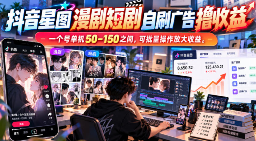 抖音星图漫剧短剧自刷广告撸收益,一个号单机50-150之间,可批量操作放大收益-翌晨科技网