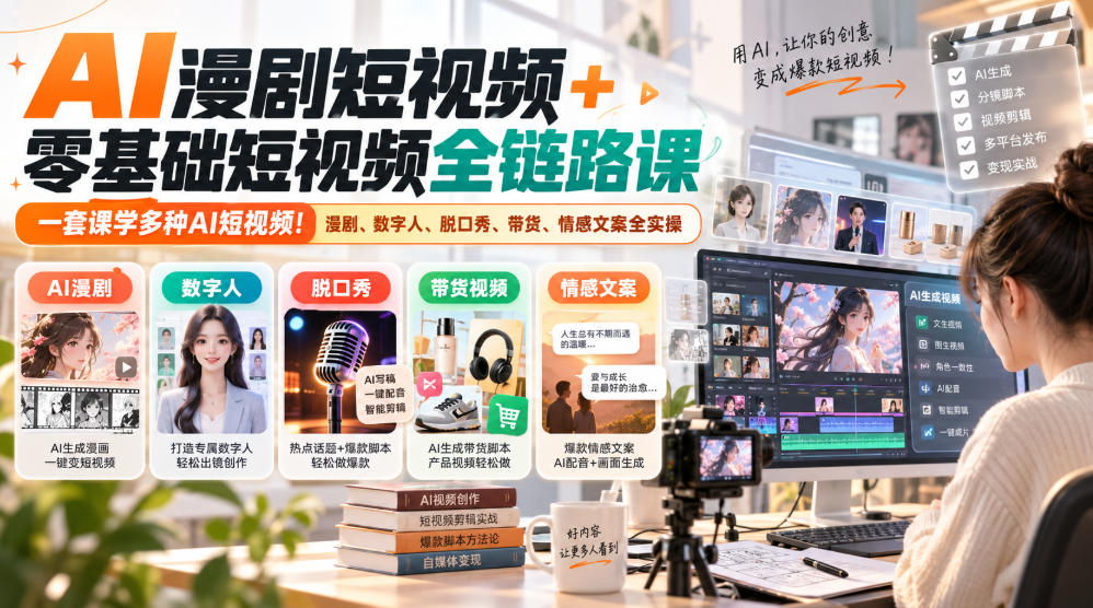 AI漫剧短视频+零基础短视频全链路课，一套课学多种AI短视频！漫剧、数字人、脱口秀、带货、情感文案全实操-翌晨科技网