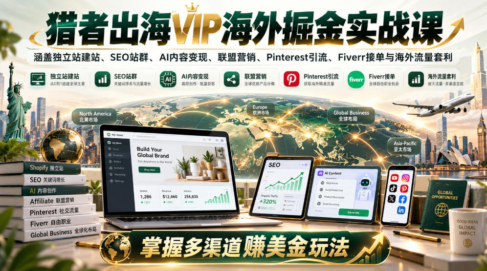 猎者出海VIP海外掘金实战课：涵盖独立站、SEO站群、AI变现、联盟营销、Pinterest引流、Fiverr接单与海外流量套利，掌握多渠道賺美金玩法-翌晨科技网