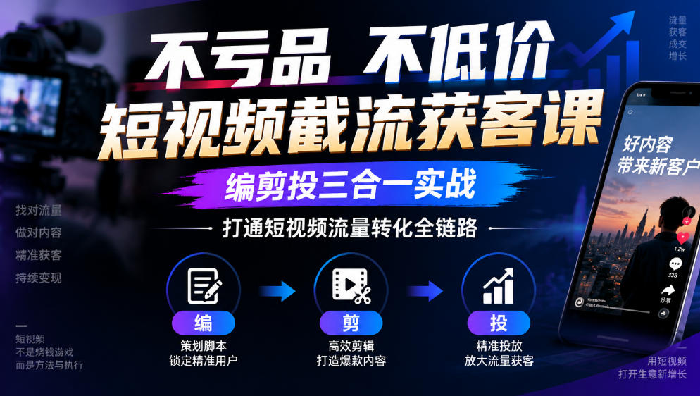 不亏品不低价短视频截流获客课，编剪投三合一实战，打通短视频流量转化全链路-翌晨科技网