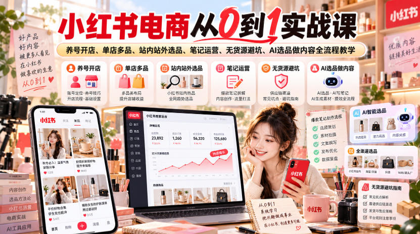 小红书电商从0到1实战课｜养号开店、单店多品、站内站外选品、笔记运营、无货源避坑、AI选品做内容全流程教学-翌晨科技网