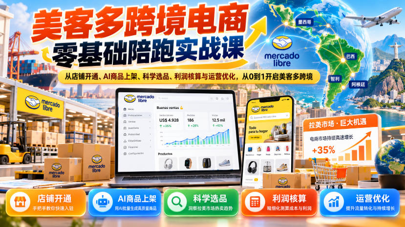美客多跨境电商零基础陪跑实战课：从店铺开通、AI商品上架、科学选品、利润核算与运营优化，从0到1开启美客多跨境-翌晨科技网