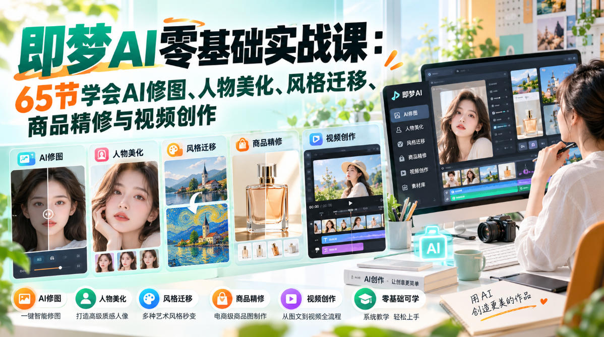 即梦AI零基础实战课：65节学会AI修图、人物美化、风格迁移、商品精修与视频创作-翌晨科技网