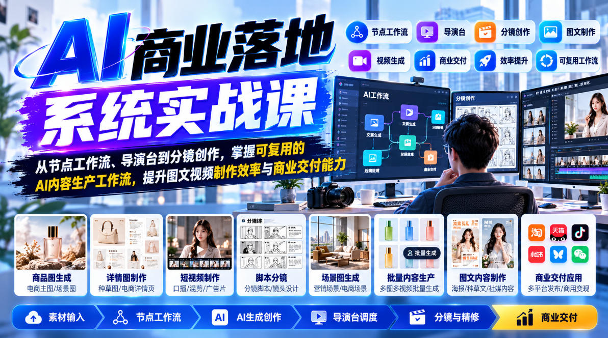 【无水印】AI商业落地系统实战课，从节点工作流、导演台到分镜创作，掌握可复用的AI内容生产工作流，提升图文视频制作效率与商业交付能力-翌晨科技网
