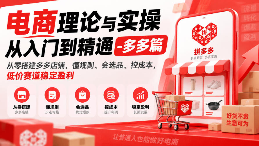 电商理论与实操从入门到精通-多多篇，从零搭建多多店铺，懂规则、会选品、控成本，低价赛道稳定盈利-翌晨科技网
