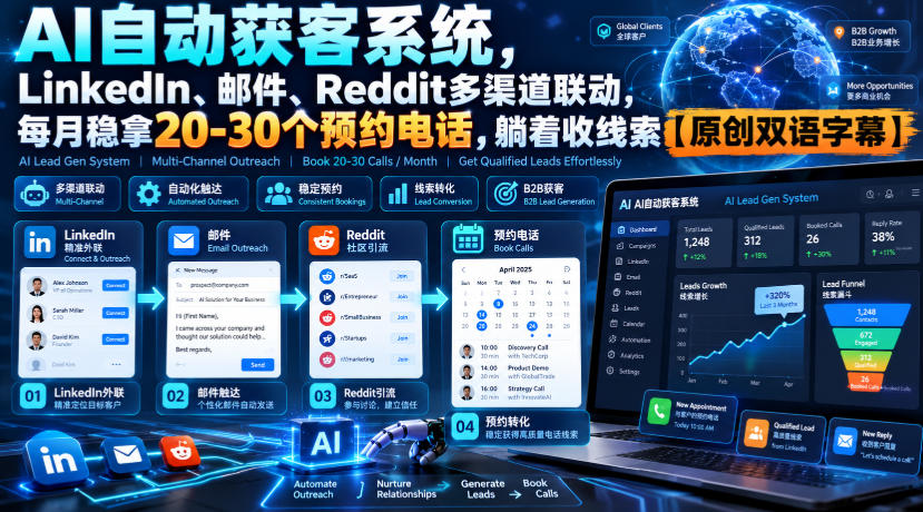【无水印】AI自动获客系统，LinkedIn、邮件、Reddit多渠道联动，每月稳拿20-30个预约电话，躺着收线索【原创双语字幕】-翌晨科技网
