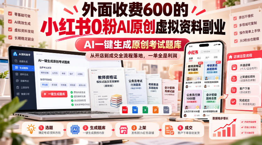 外面收费600的小红书0粉AI原创虚拟资料副业，AI一键生成原创考试题库，从开店到成交全流程落地，一单全是利润-翌晨科技网