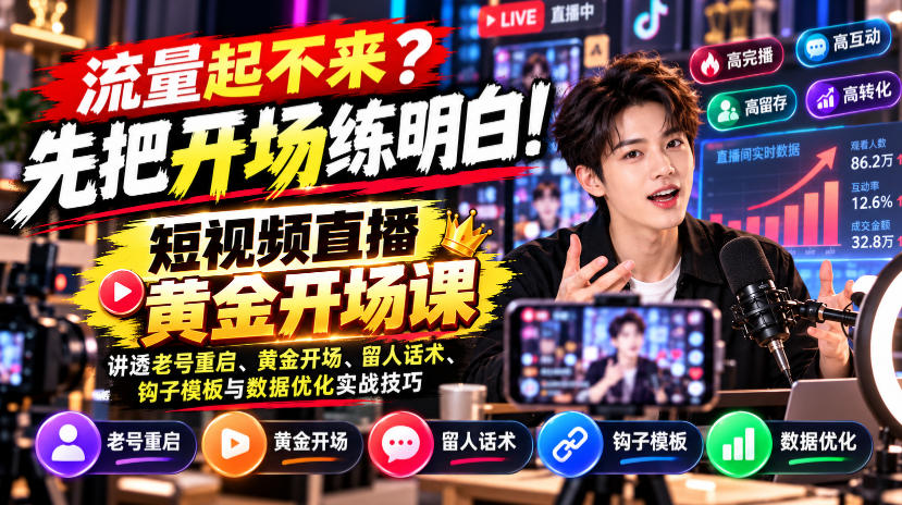 【无水印】流量起不来？先把开场练明白！短视频直播黄金开场课，讲透老号重启、黄金开场、留人话术、钩子模板与数据优化实战技巧-翌晨科技网
