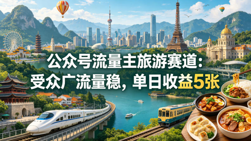 公众号流量主之旅游赛道，受众广+流量稳，平均单日收益5张+-翌晨科技网