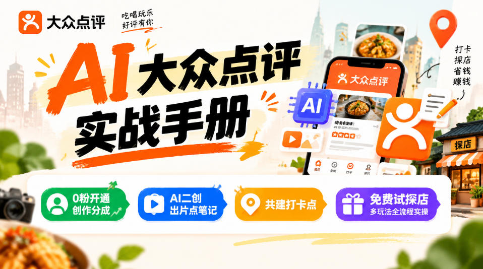 某局的AI大众点评实战手册，0粉开通创作分成、AI二创出片点笔记、共建打卡点、免费试探店多玩法全流程实操-翌晨科技网