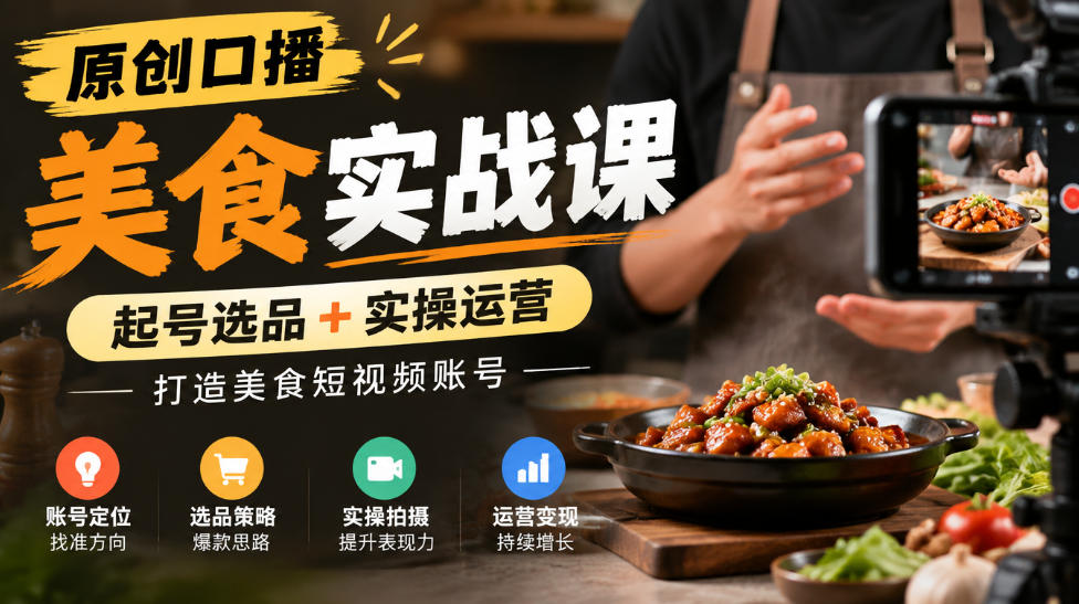 原创口播美食实战课，起号选品+实操运营，打造美食短视频账号-翌晨科技网
