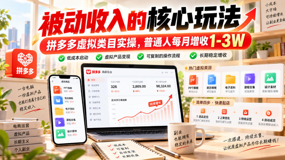 被动收入的核心玩法，拼多多虚拟类目实操，普通人每月增收1-3W【揭秘】-翌晨科技网