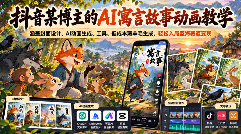 抖音某博主的AI寓言故事动画教学，涵盖封面设计、AI动画生成、工具、低成本薅羊毛生成，轻松入局蓝海赛道变现-翌晨科技网