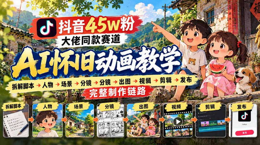 抖音45W粉大佬同款赛道AI怀旧动画实战课：拆解脚本→人物→场景→分镜→出图→视频→剪辑→发布完整制作链路-翌晨科技网