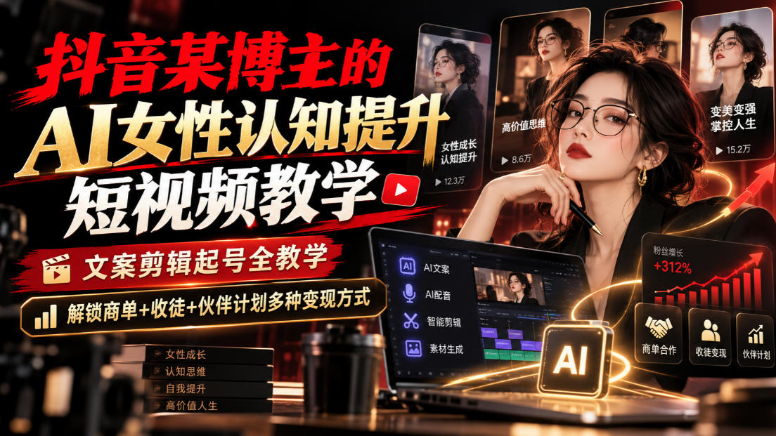 抖音某博主的Ai女性认知提升短视频教学，文案剪辑起号全教学，解锁商单+收徒+伙伴计划多种变现方式-翌晨科技网