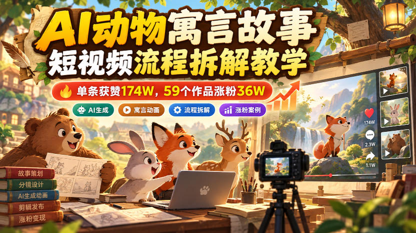 AI动物寓言故事短视频流程拆解教学，单条获赞174W，59个作品涨粉36W-翌晨科技网